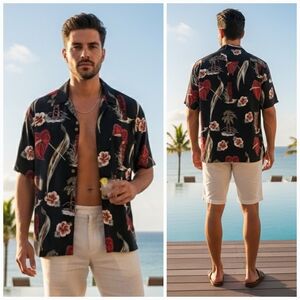 NWOT Paradise Coves L Vintage 90s Tropical Resortwear Hawaiian Silk Shirt